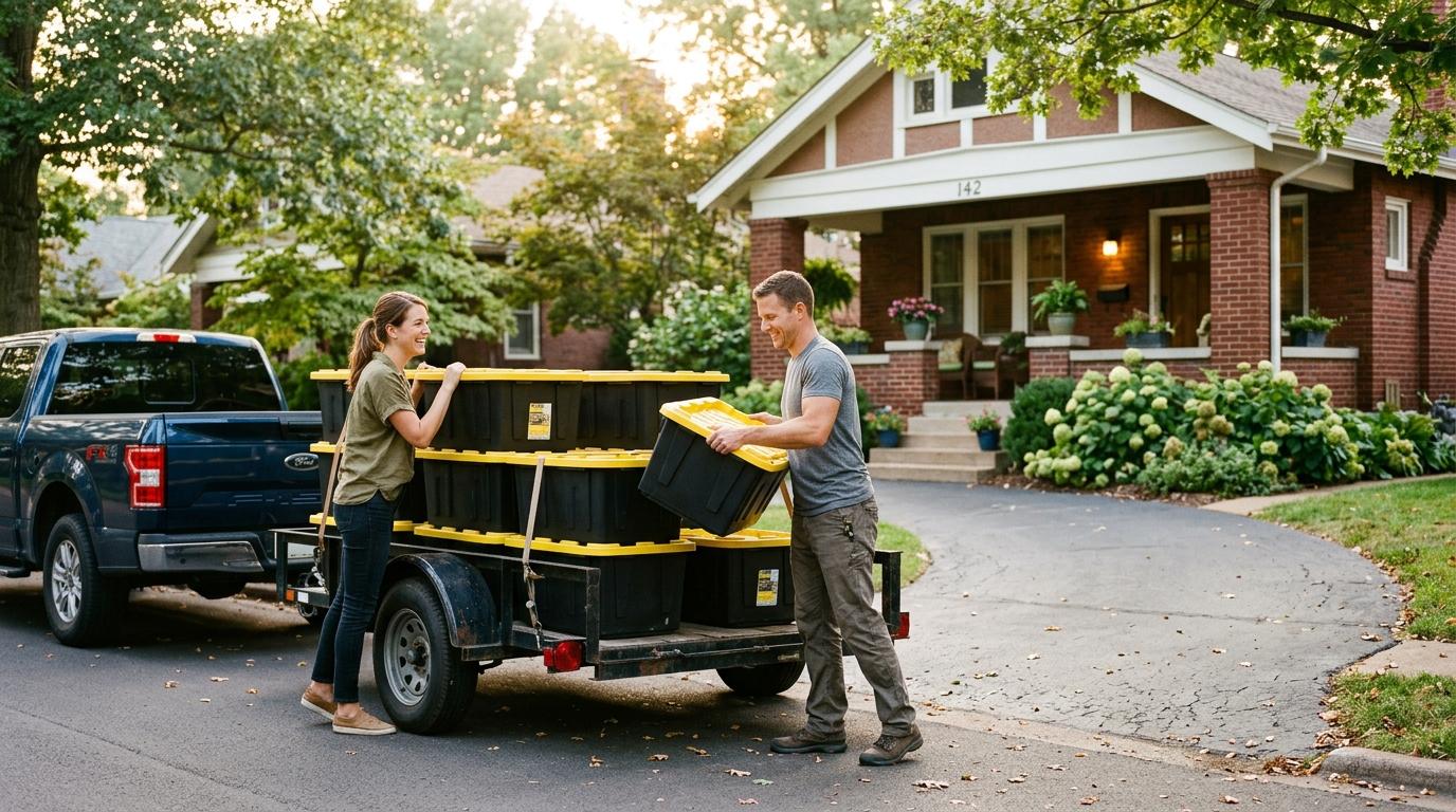 Alison and Patrick unloading black moving totes with yellow lids from a trailer in front of a brick St. Louis home