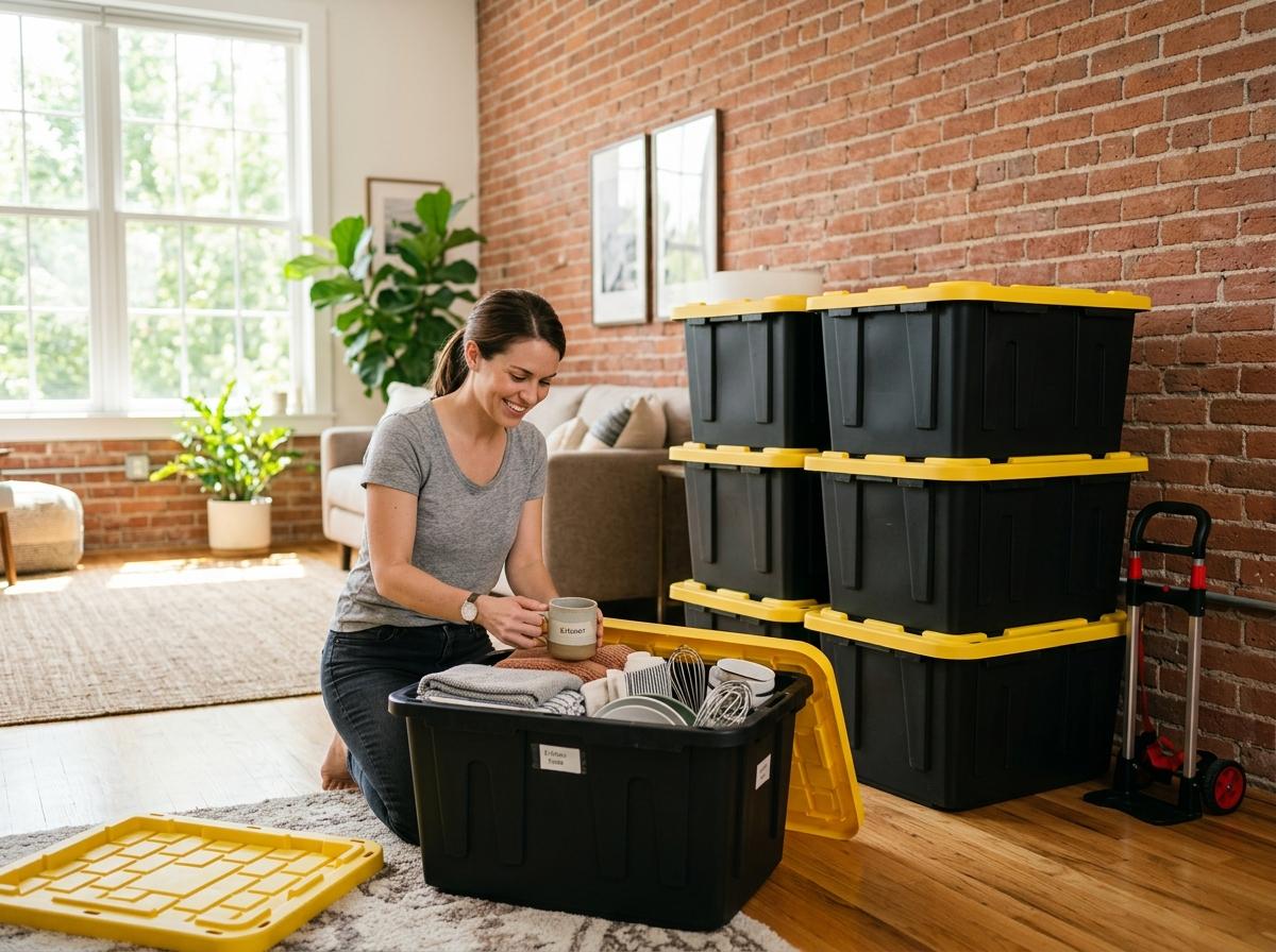 Woman packing kitchen items into a black moving tote in a sunny living room